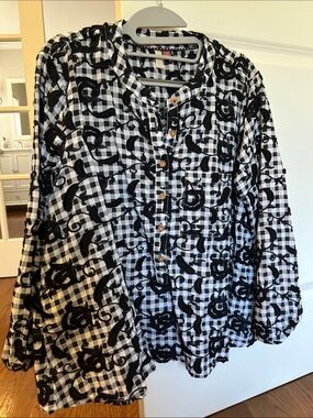 Anthropologie Black and White Gingham Floral Embroidered Button Pullover